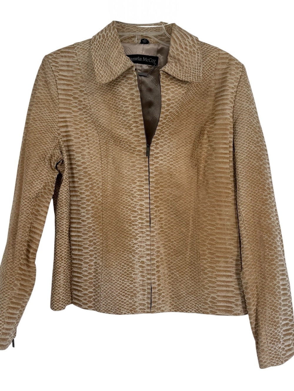 Vintage Pamela McCoy Tan Snakeskin Leather Textured Jacket Blazer Size M Zip